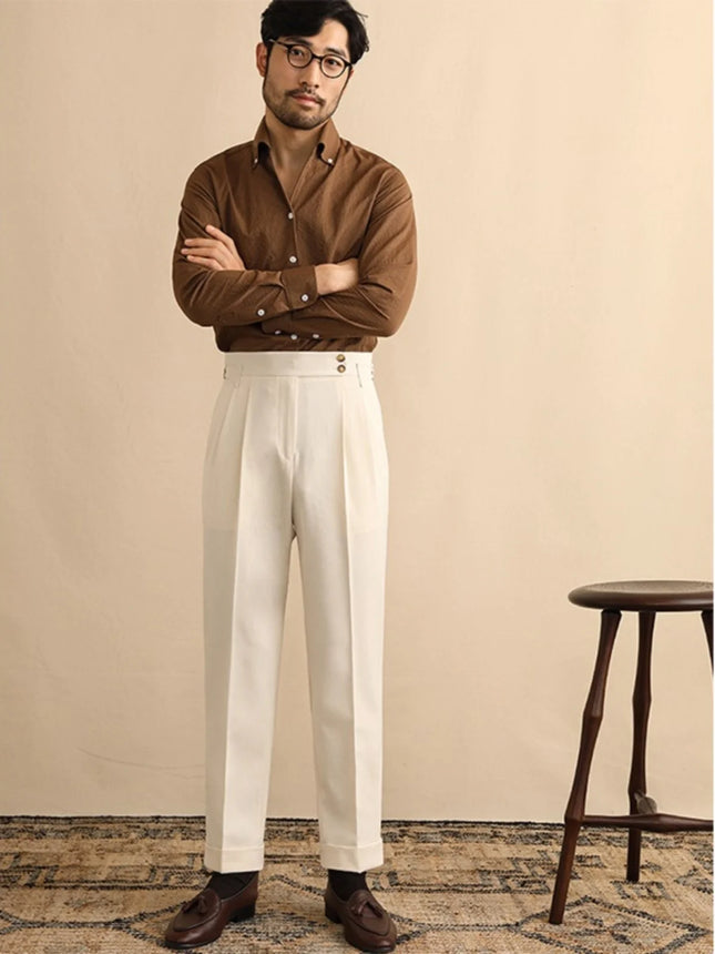 High Waist Straight Leg Men's Summer Business Casual Loose Paris Buckle Long Pants Naples Gentleman Drapey West Trousers
