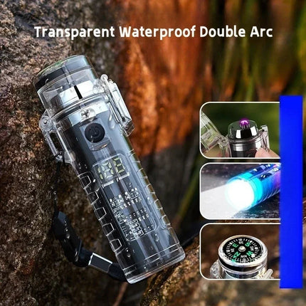 Waterproof Outdoor Camping Compass Dual Arc Type-C Plasma USB Electric Lighter Multi-Function Flashlight Survival Ignition Tool