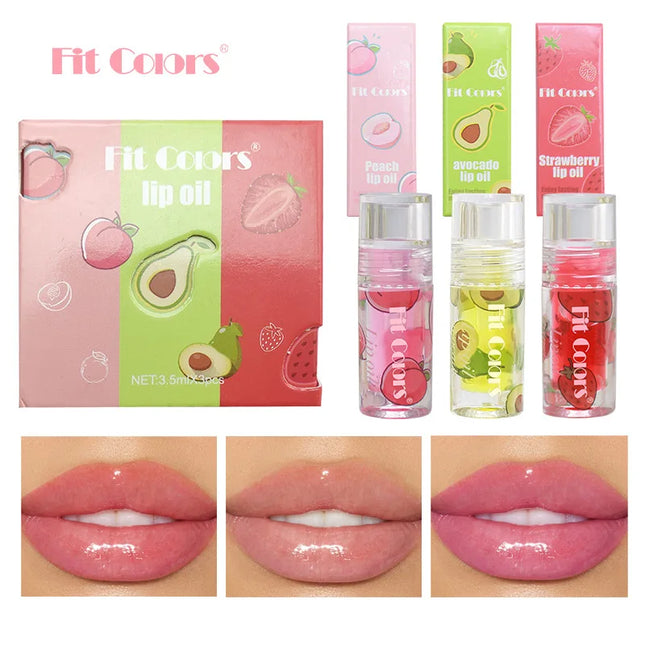 Hydrating Transparent Lip Gloss 3 Piece Set Fruit Scented Lip Oil with Avocado Strawberry and Peach for Soft Smooth Lips