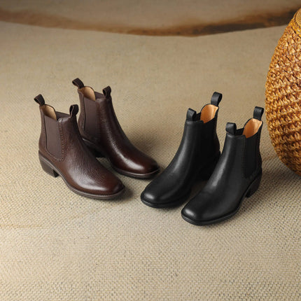 Krazing Pot Big Size 34-43 Cow Leather Round Toe High Heels Retro Modern Chelsea Boots Warm Winter Shoes Motorcycles Ankle Boots