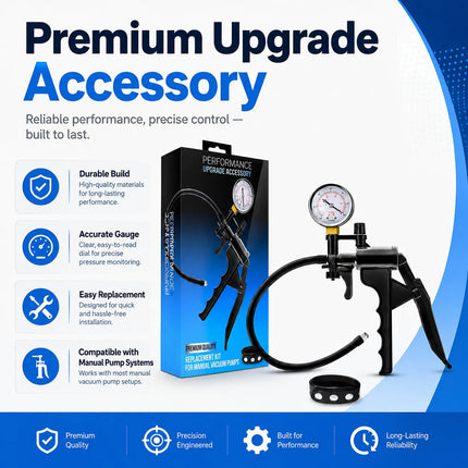 Men Manual Vacuum Pump Handle Replacement Set, Hand Grip with Pressure Gauge Hose Tube Connector Valve Accessory Kit