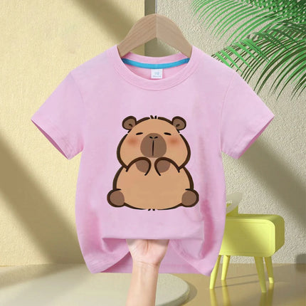 Cute Capybara Loves Bubble Tea print kids T-Shirt summer children's pure cotton short-sleeved casual tops boys and girls gifts