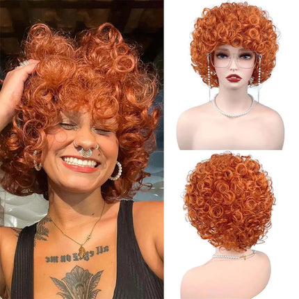 Adult Short Orange and Silver-Gray Curly Wig, Soft and Breathable, Heat-resistant Synthetic Fiber, Suitable for Daily Wear