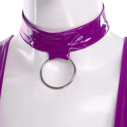 Womens Sexy Glossy Patent Leather Crotchless Bodysuit Monokini Sling Latex Catsuit Special Occasion Costume with Choker Necklace