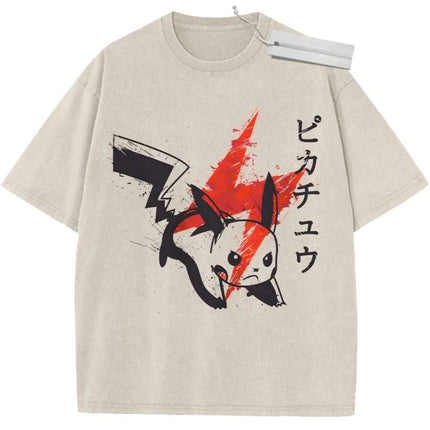 2026 Summer Men's Beige Washed T - Shirt Pokemon Slowpoke Big Face High - Quality Fabric for Casual Shopping
