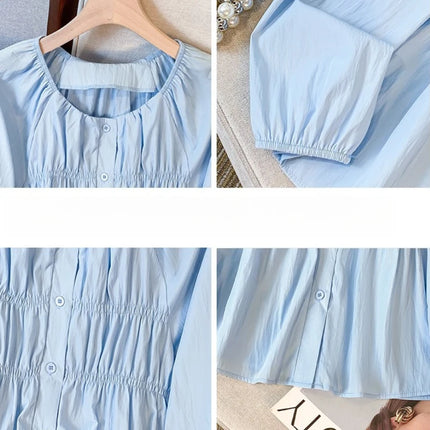 Plus Size Long Sleeve Shirt Spring Autumn 2026 Solid Color Round Collar Korean Blouses Large Size Casual Puff Sleeve Tops