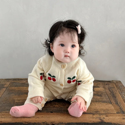 2025 Autumn Baby Girls Cute Sweet Cherry Knitting Overalls Infant Jumpsuit Romper