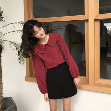 Casual Base Layer Top Autumn Collection Fresh Korean Style Doll Collar New Model Long Sleeve Shirt Women's Top