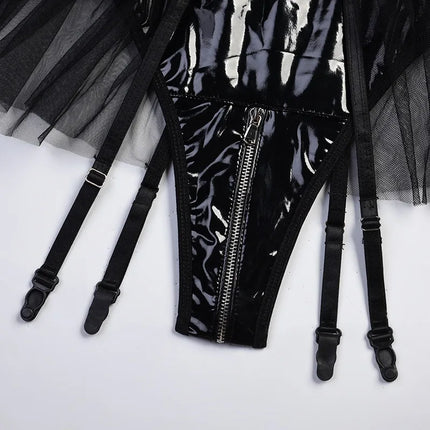 Tornova Sexy Female Lingerie Patent Leather Patchwork Mesh Hollow Out See-through Interesting Garters Women's Underwear Jumpsuit
