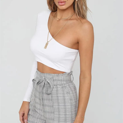 2024 Summer Europe and the United States Sexy Women's Diagonal Shoulder Long Sleeve Crop Slim Comfortable Top