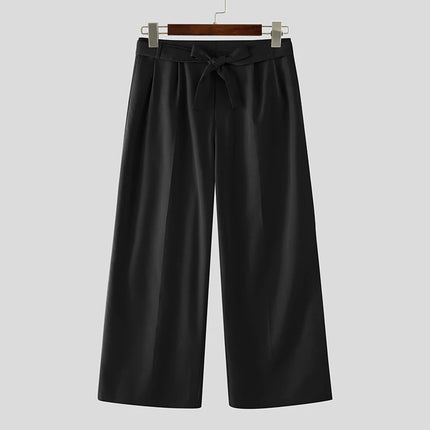 INCERUN Men's Pants Solid Color Lace Up Joggers Loose Casual Men Bottoms Streetwear 2026 Fashion Leisure Wide Leg Pants For Man