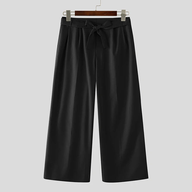 INCERUN Men's Pants Solid Color Lace Up Joggers Loose Casual Men Bottoms Streetwear 2026 Fashion Leisure Wide Leg Pants For Man