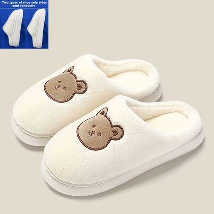 Cute Bear Cotton Slippers for Women Winter Indoor Non-slip Slides Plush Warm Men Home Sandals Flat Shoe Couples Flip Flops