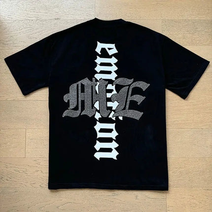 MIXED EMOTION Rhinestone Short Sleeve Men Women Tshirt Streetwear Cotton Loose Round Neck Top Tees Oversized Tee Top Trendy