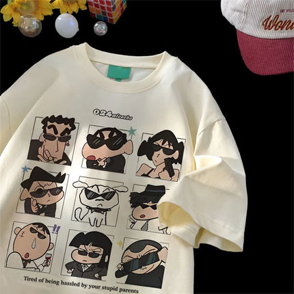 2025 Summer Women's Clothes Streetwear Crayon Shin Chan Print Cartoon T-Shirt Tops Men's Women's Clothes 100% Cotton T-Shirts