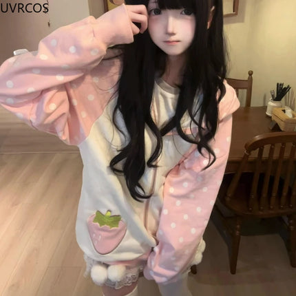 Japanese Kawaii Lolita Zipper Hoodies Women Sweet Pink Stripe Rabbit Ears Hooded Coats Grunge Hoody Y2k Strawberry Sweatshirts