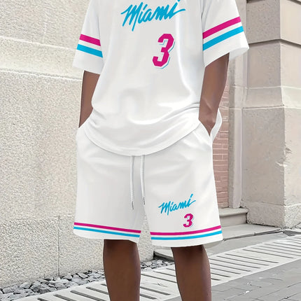 2025 New Men MIAMI NO.3 Print Casual Short Sleeve T-Shirt Shorts Set Adult Basketball Jersey Jogging Suit 2 Piece Set Clothes
