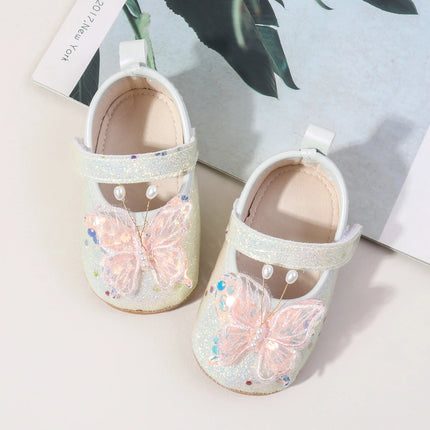 Shiny 3D Butterfly Princess Dress Shoes for Baby Girl Glitters Flats Non-Slip Crib Shoes Walking Shoes for Toddlers Infants