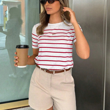 Women Striped Casual Versatile T-Shirt Graphic Tees Round Neck Loose Classic Short Sleeve Vacation Entertainment Commuter Top