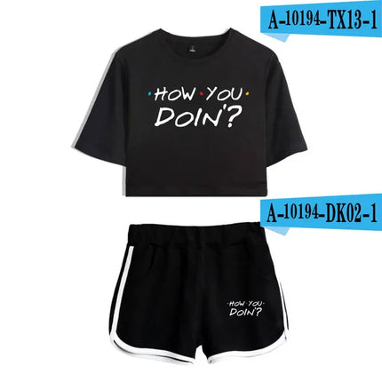 Fashion Youthful Trendy Show I'll Be There for You Short Sleeve Shorts+lovely T-shirts Dew navel Girl suits Two Piece Set