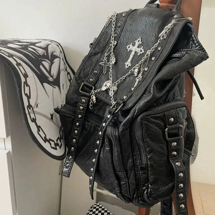 Grunge Rivet black Y2k Backpack Women Gothic Subculture Punk Cross Black Mochila Ladies Vintage Harajuku Backpacks Aesthetic