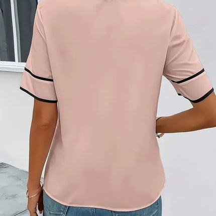 Women Fashion Elegant Plus Size 1XL-5XL Red Bow Half-Sleeve Blouse Shirt Ladies Casual Elegant Blouse Short Sleeve Shirt