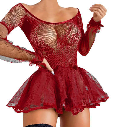 Women Sexy Lace Short Dress Mesh Hollow Out Long Sleeve Dress Sexy Lingerie For Women Erotic Costumes Transparent Babydoll Dress