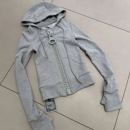 Y2K Giant Zipper Hoodie Women Streetwear Harajuku Zip Up Sweatshirt Slim Fit Long Sleeve Big O Ring Zip Jacket Coat Autumn Tops