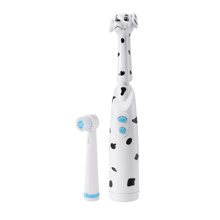 Kids electric toothbrush, battery powered, baby spotted dog design, with dust cover, cartoon cat/lion, round head.