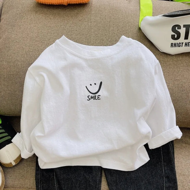 1-7T Kids Boys Spring Basic T-shirt Children Autumn Long Sleeved White Pullover Baby Girls Pure Cotton Loose T-shirt Top Clothes