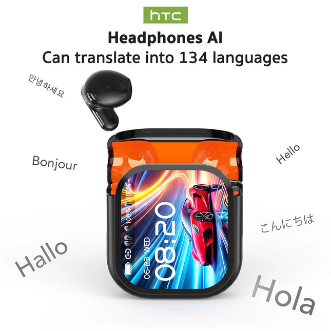 【HTC NE20】Bluetooth V6.0 Earphones AI Translator Earbuds OWS LCD Touch Screen Sport Wireless Headphones HD Stereo Sound Longlife