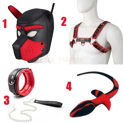 Fashion Puppy Cosplay Dog Mask Head Gear Party PU Leather Rubber Unisex Masks Adjustable Shoulder Strap Leather Chest Harness