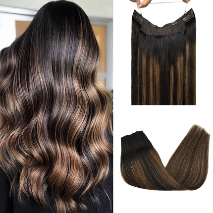 Wire Hair Extensions Real Human Hair Balayage Dark Brown to Chestnut Brown Invisible Transparent Remy Fish Line Hair Extensions