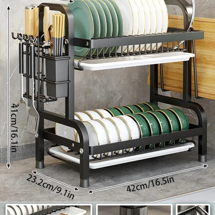 Dish Drying Rack 2-Tier Compact Kitchen Dish Rack Drainboard Set Large Rust-Proof Dish Drainer with Utensil Holder