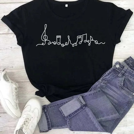 Fashion Women T Shirt Musical Note Printed T Shirt Casual Black Tops 90s Ladies Girls Tee Shirt Female Harajuku Graphic T-shirt