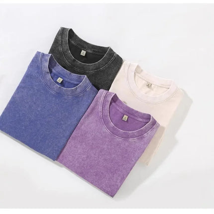 Washed Pure Cotton Short Sleeve Crew Neck Casual T-shirt Vintage Customizable Logo Men's Fashion All Seasons round Neck Top