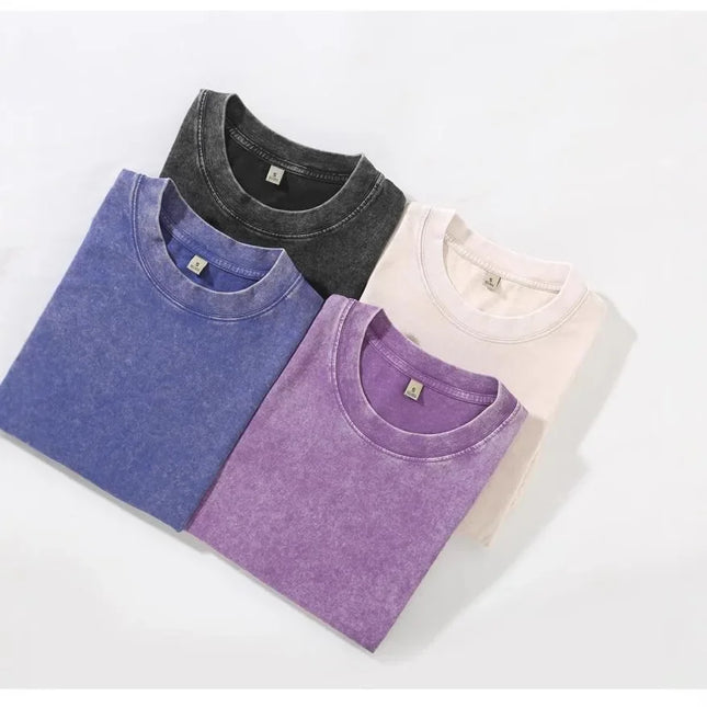 Washed Pure Cotton Short Sleeve Crew Neck Casual T-shirt Vintage Customizable Logo Men's Fashion All Seasons round Neck Top