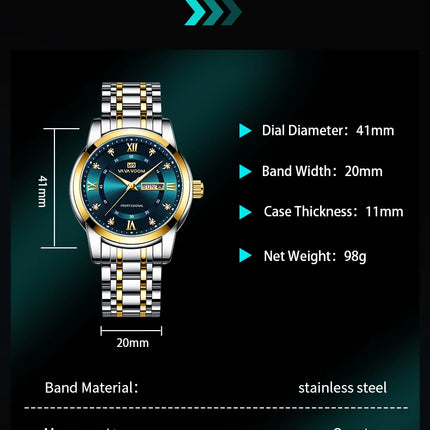 VA VA VOOM Luxury Watch Men Gold Blue Rhinestone Stainless Steel Business Style Original Quartz Movement Week Couple Men Watches