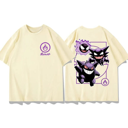 2026 Summer Pokemon Gengar Evolution Double Sided Print T-Shirt, 100% Cotton Loose Oversized Couple & Family Tee & Sports