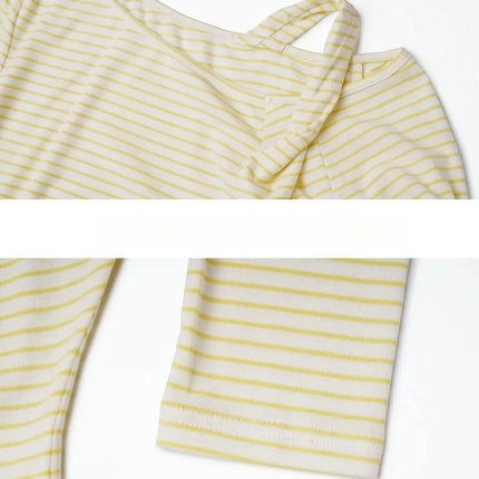 OLrain Women's Striped Tops 2026 Spring French Style Hollow Out Ladies T-shirts Casual Slim Fit Folds Female Tees O58CT003055