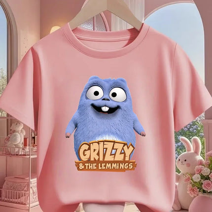 Hot Cartoon Grizzy and the Lemmings T-Shirt 3-14Y Boys Girls Summer Cute Kawaii Fashion Street Casual Crew Neck
