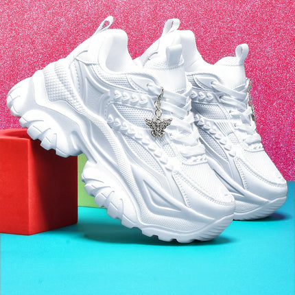 Women's Lightweight 7cm White Thick-Soled Trbottomyy Versatile Fashionable Casual Vulcanized Shoes with Silver Butterfly Decorative Pendant Chain Shoes High Water Platform Trbottomyy Versatile White Women's Comfortable Soft-S