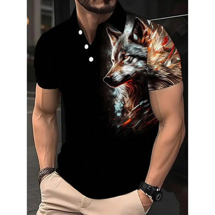 Street-style Wolf pattern men's polo shirt, summer T-shirt, short-sleeved animal print hip-hop T-shirt, plus-size casual polo sh