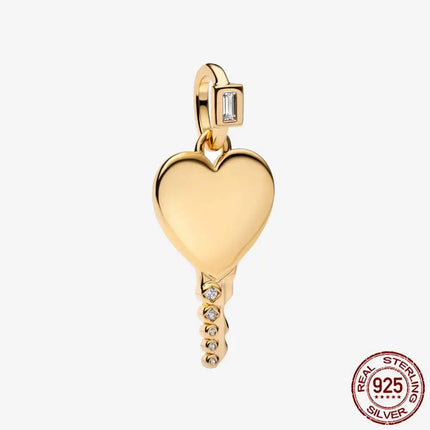 Key & Lock 925 Sterling Silver Pave Moon Heart Flower Dangle Charms Fit Original Bracelet Beads Jewelry DIY Gift plata de ley