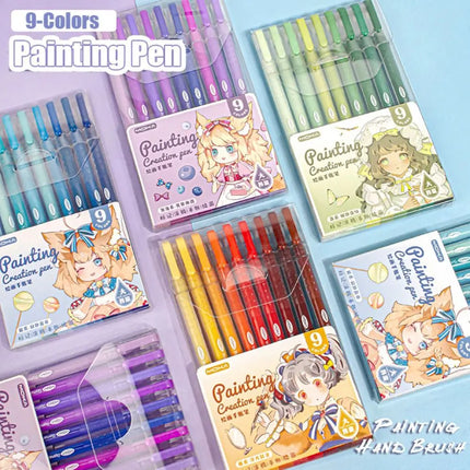 9-Colors Highlighter Set Watercolor Pen Scrapbook Marker Pen Drawing Painting Graffiti Colour Pen Art Stationery