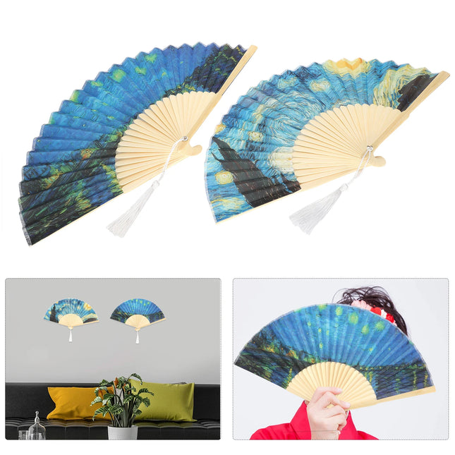 2pcs Folding Fan Bamboo Handheld Fans Handwork Gift Party Dancing Decoration Starry Night