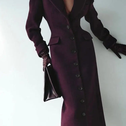 Women's Long Coat Slim V Neck Single Breasted Overcoats Shoulder Pad Maxi Jackets with Belt 2025 New Winter Lady Commute Outwear