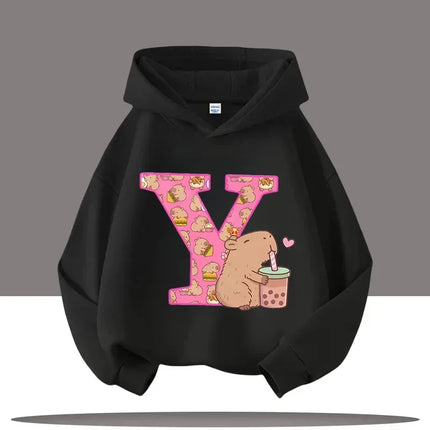 The A-Z Kapibara Cartoon Printed Children's Hoodie, Autumn Outdoor Casual Top for Boys and Girls with A Hooded Pullover