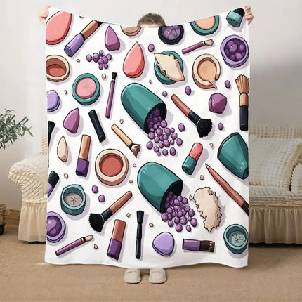 Makeup-Themed Flannel Blanket with Lipstick, Eyeshadow, Brushes & Beauty Palettes - Soft Warm Cozy Bedspread for All Seasons, Be