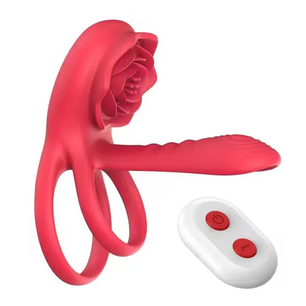 Remote Control Vibrating Cock Ring Penis Sleeve with Rose Clitoral Stimulator Penis Ring Vibrator Adult Sex Toys for Men Women